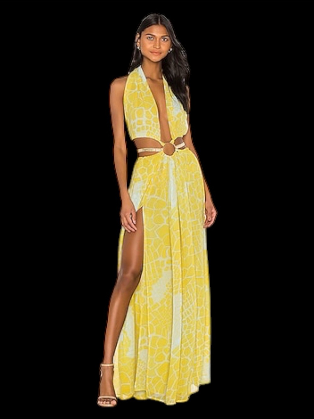 JLUXLABEL Yellow & Blue Halter O-Ring Cutout Sheer Maxi Dress EUC, Size S/M